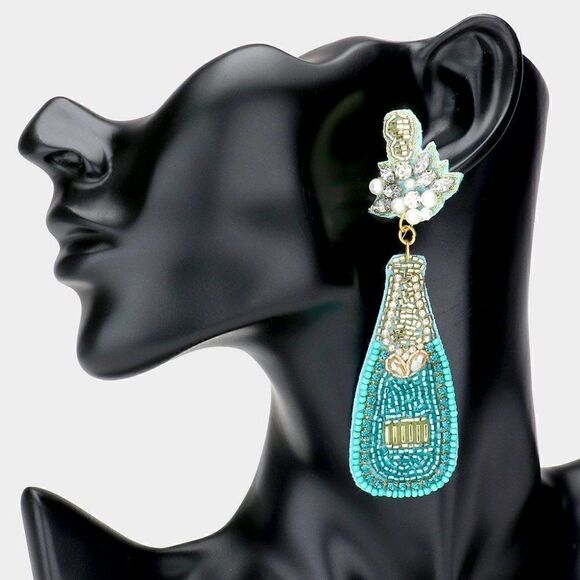 Champagne Bottle Teal Blue Seed Bead Earrings - Picture 1 of 6
